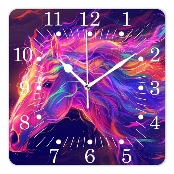 10 Inch Wall Clock Battery Operated Square Clock for Office, Kitchen, Outdoor, Living Room,Animal Horse Fire Black Simple