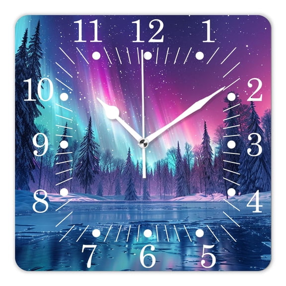 10 Inch Wall Clock Battery Operated Square Clock for Office, Kitchen, Outdoor, Living Room,Aurora Borealis Wonderland Attractive