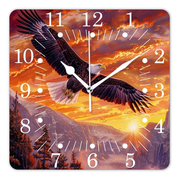 10 Inch Wall Clock Battery Operated Square Clock for Office, Kitchen, Outdoor, Living Room,Bald Eagle Flying with Sunset Graceful