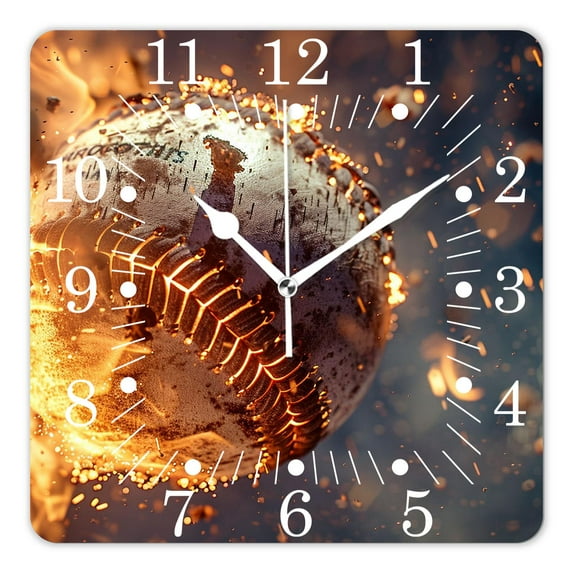 10 Inch Wall Clock Battery Operated Square Clock for Office, Kitchen, Outdoor, Living Room,Baseball In Fire Flames and Splashing Water Beautiful