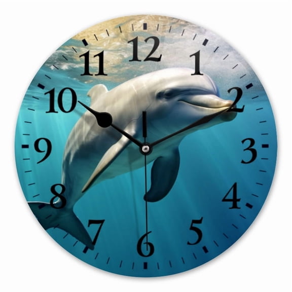 10 Inch Wall Clock Battery Operated Square Clock for Office, Kitchen, Outdoor, Living Room, Beautiful Dolphin Swimming In The Blue Sea