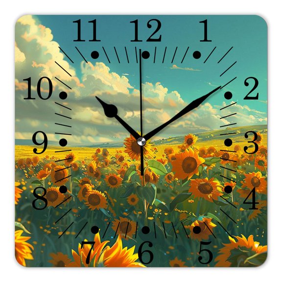 10 Inch Wall Clock Battery Operated Square Clock for Office, Kitchen, Outdoor, Living Room,Beautiful Flower Blooming In Sunflowers Field Charming