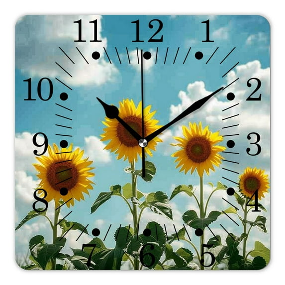 10 Inch Wall Clock Battery Operated Square Clock for Office, Kitchen, Outdoor, Living Room,Beautiful Flower In Sunflowers Field Elaborate