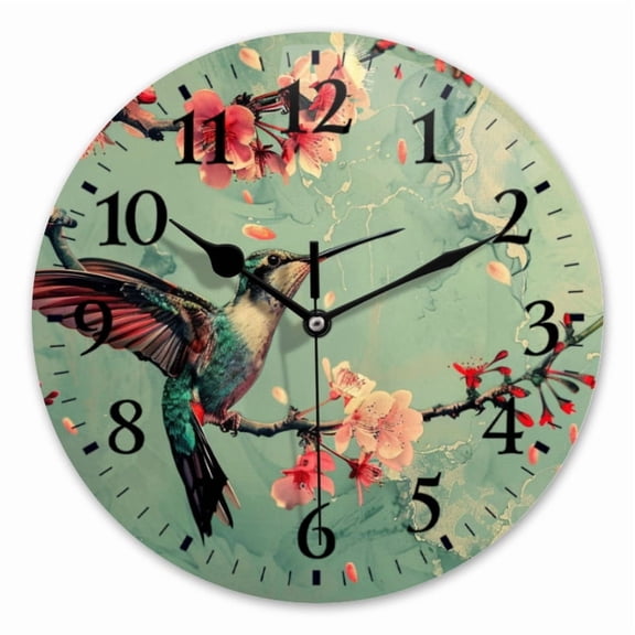 10 Inch Wall Clock Battery Operated Square Clock for Office, Kitchen, Outdoor, Living Room, Beautiful Hummingbird Flying In Front Of Cherry Blossoms