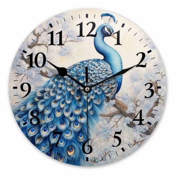 10 Inch Wall Clock Battery Operated Square Clock for Office, Kitchen, Outdoor, Living Room, Blue Peacock With Feathers Perched On The Branches