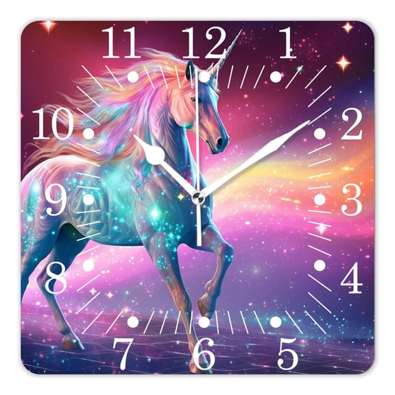 10 Inch Wall Clock Battery Operated Square Clock for Office, Kitchen, Outdoor, Living Room,Blue Sparkling Unicorn Head Magic Glowing Star Pattern