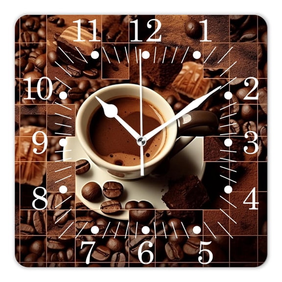 10 Inch Wall Clock Battery Operated Square Clock for Office, Kitchen, Outdoor, Living Room,Brown Coffee and Chocolate Tasty Collage Beans Design