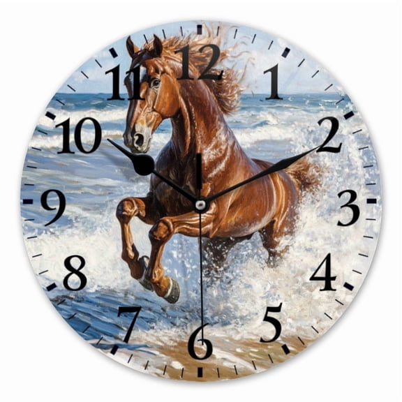 10 Inch Wall Clock Battery Operated Square Clock for Office, Kitchen, Outdoor, Living Room, Brown Horse Running In The Sea