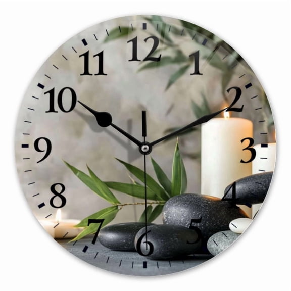 10 Inch Wall Clock Battery Operated Square Clock for Office, Kitchen, Outdoor, Living Room, Candles And Rocks On Table With Plant