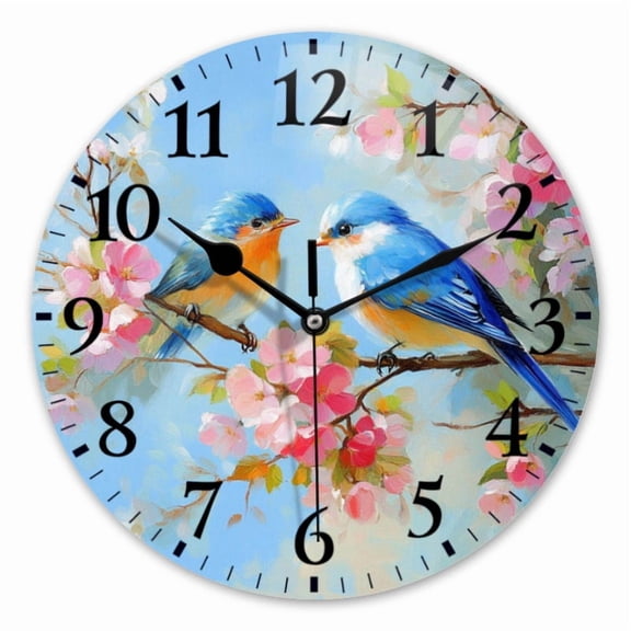 10 Inch Wall Clock Battery Operated Square Clock for Office, Kitchen, Outdoor, Living Room, Charming Bird - Blossom Illustration
