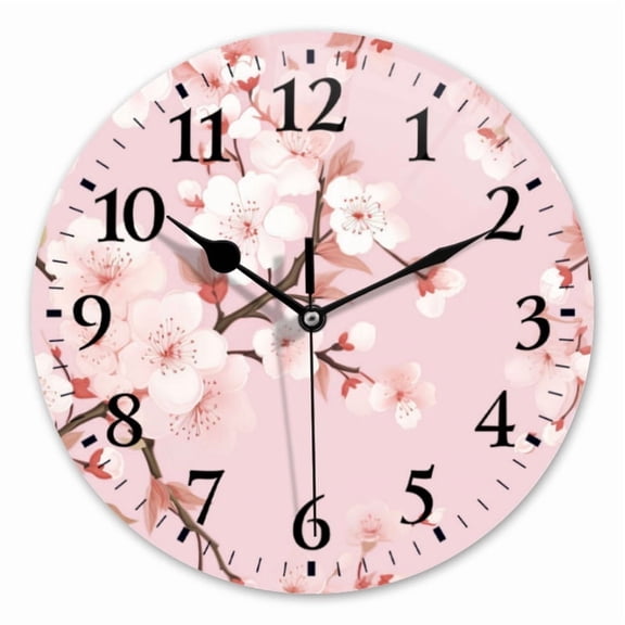 10 Inch Wall Clock Battery Operated Square Clock for Office, Kitchen, Outdoor, Living Room, Cherry Blossoms On Pink Background Soft Lighting
