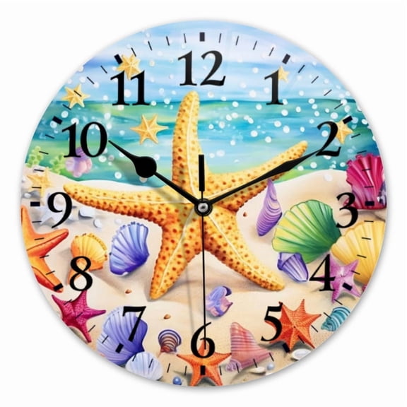 10 Inch Wall Clock Battery Operated Square Clock for Office, Kitchen, Outdoor, Living Room, Colorful Starfish And Seashells On The Beach