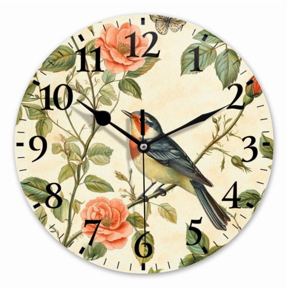 10 Inch Wall Clock Battery Operated Square Clock for Office, Kitchen, Outdoor, Living Room, Cute Bird Perched On Rose Branch