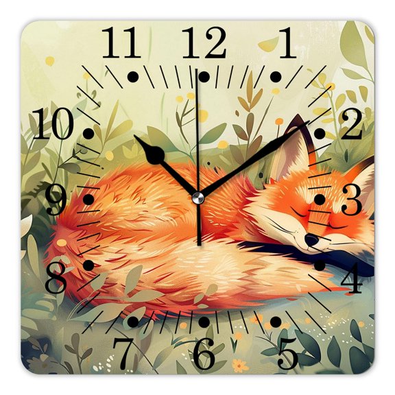 10 Inch Wall Clock Battery Operated Square Clock for Office, Kitchen, Outdoor, Living Room,Cute Red Fox Sleeping In The Forest Elaborate