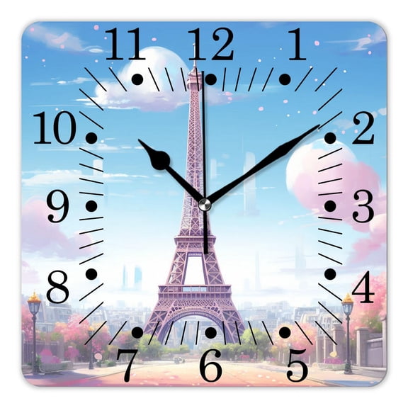 10 Inch Wall Clock Battery Operated Square Clock for Office, Kitchen, Outdoor, Living Room,Eiffel Tower Cherry Blossom Paris Spring Season Art