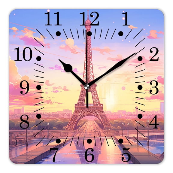 10 Inch Wall Clock Battery Operated Square Clock for Office, Kitchen, Outdoor, Living Room,Eiffel Tower Cherry Blossom Paris Spring Season Image