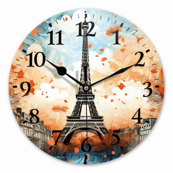 10 Inch Wall Clock Battery Operated Square Clock for Office, Kitchen, Outdoor, Living Room, Eiffel Tower Maple Leaf Autumn In Colorful