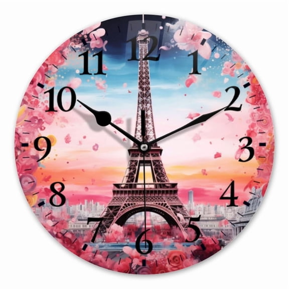 10 Inch Wall Clock Battery Operated Square Clock for Office, Kitchen, Outdoor, Living Room, Eiffel Tower Surrounded By Pink And Red Flowers