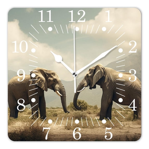 10 Inch Wall Clock Battery Operated Square Clock for Office, Kitchen, Outdoor, Living Room,Elephant Mount Kilimanjaro Style