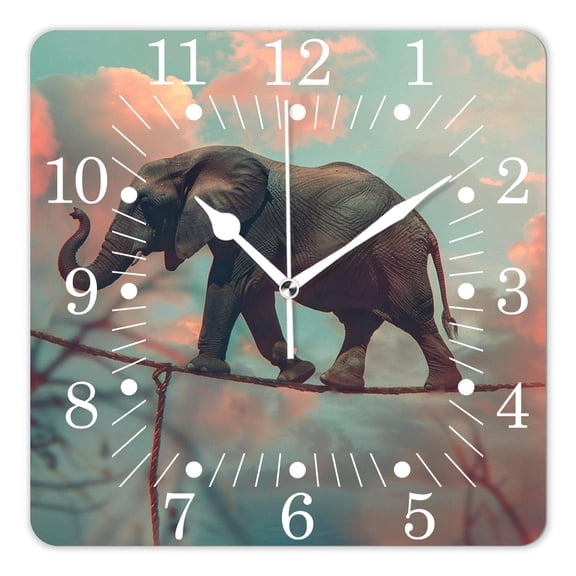 10 Inch Wall Clock Battery Operated Square Clock for Office, Kitchen, Outdoor, Living Room,Elephant Walking on Rope Attractive