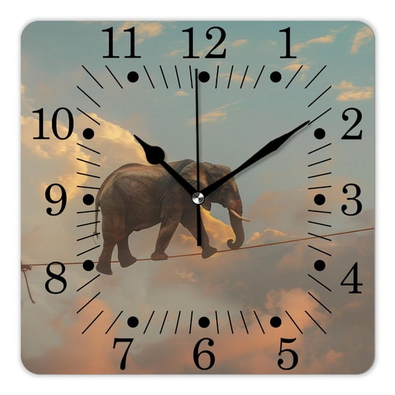 10 Inch Wall Clock Battery Operated Square Clock for Office, Kitchen, Outdoor, Living Room,Elephant Walking on Rope Stunning