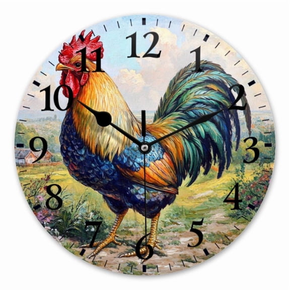 10 Inch Wall Clock Battery Operated Square Clock for Office, Kitchen, Outdoor, Living Room, Exquisite Vibrant - Hued Rooster