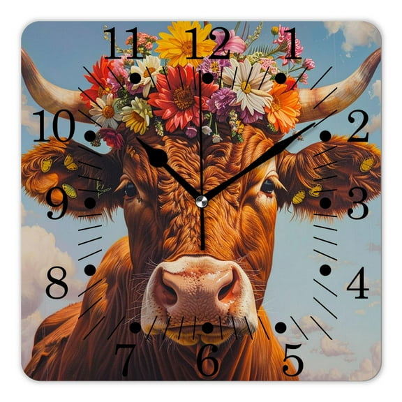 10 Inch Wall Clock Battery Operated Square Clock for Office, Kitchen, Outdoor, Living Room,Farmhouse Cow Flower Wooden Creative