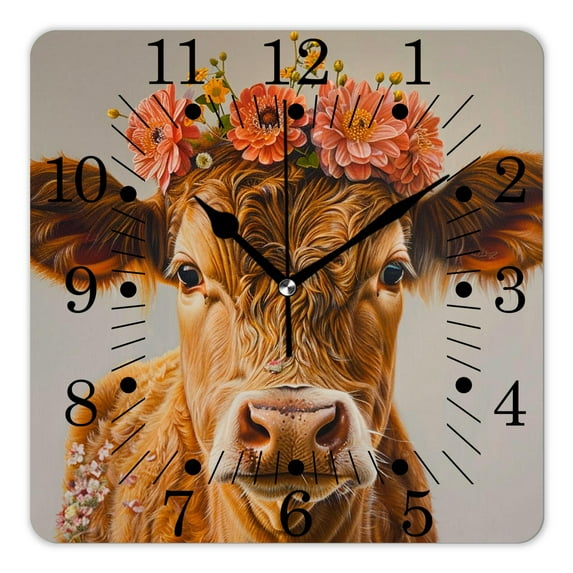10 Inch Wall Clock Battery Operated Square Clock for Office, Kitchen, Outdoor, Living Room,Farmhouse Cow Flower Wooden Multicolor