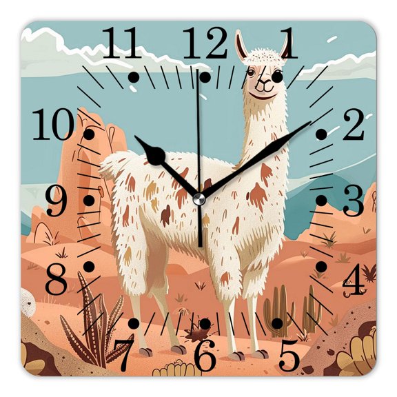 10 Inch Wall Clock Battery Operated Square Clock for Office, Kitchen, Outdoor, Living Room,Festive Llama Or Alpaca Adorable