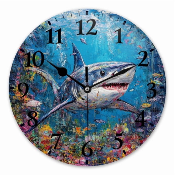 10 Inch Wall Clock Battery Operated Square Clock for Office, Kitchen, Outdoor, Living Room, Fierce Shark In Colorful Sea