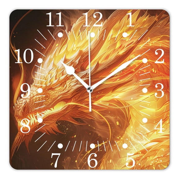 10 Inch Wall Clock Battery Operated Square Clock for Office, Kitchen, Outdoor, Living Room,Fire Dragon with Fire Flames Adorable