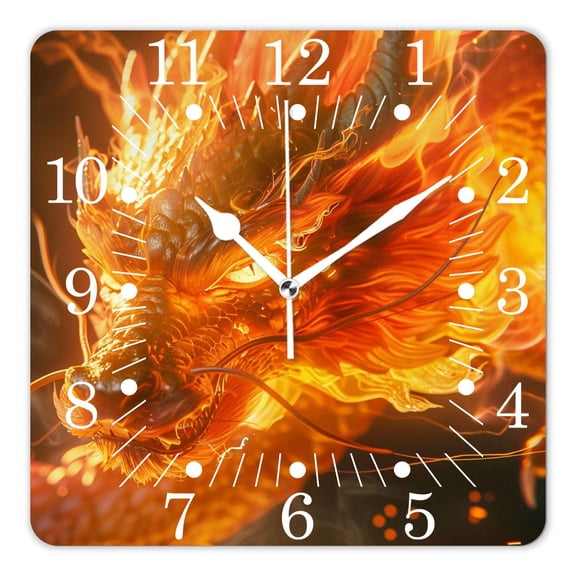 10 Inch Wall Clock Battery Operated Square Clock for Office, Kitchen, Outdoor, Living Room,Fire Head of Dragons Delicate