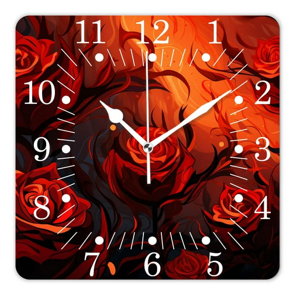 10 Inch Wall Clock Battery Operated Square Clock for Office, Kitchen, Outdoor, Living Room,Fire Rose Flower with Leaf Flame Sparkle Floral Creative