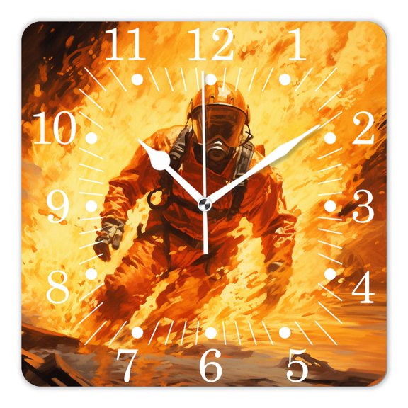 10 Inch Wall Clock Battery Operated Square Clock for Office, Kitchen, Outdoor, Living Room,Firefighter Fireman Fighting In Fire Flame Lovely