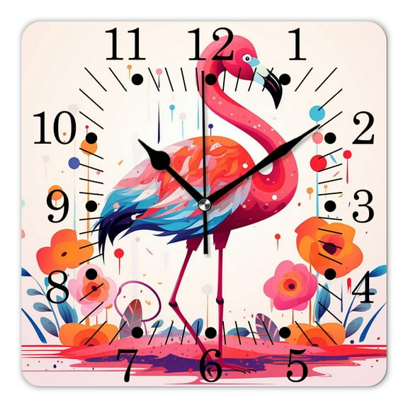 10 Inch Wall Clock Battery Operated Square Clock for Office, Kitchen, Outdoor, Living Room,Flamingo on Multicolor Rainbow Colorful Striped Drawing