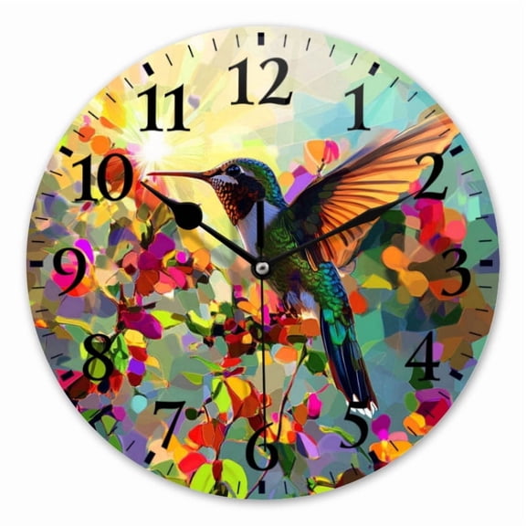 10 Inch Wall Clock Battery Operated Square Clock for Office, Kitchen, Outdoor, Living Room, Flapping Hummingbird Rested On Colorful Flower