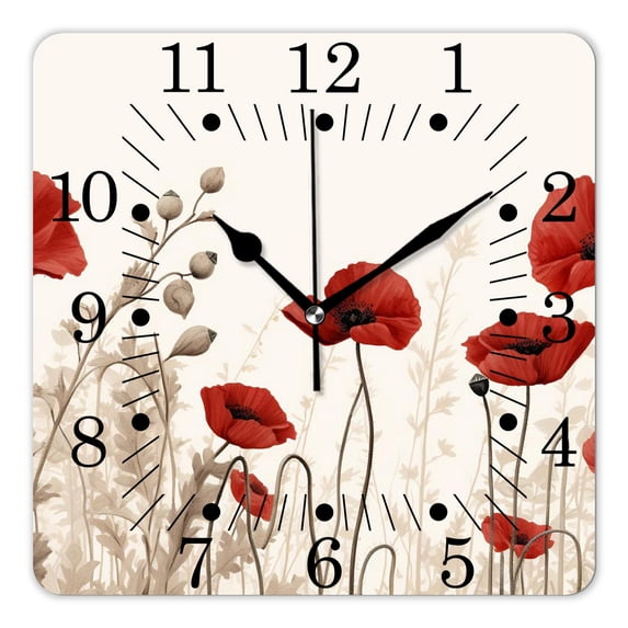 10 Inch Wall Clock Battery Operated Square Clock for Office, Kitchen, Outdoor, Living Room,Floral Poppy Flowers Petals with Buds Pattern
