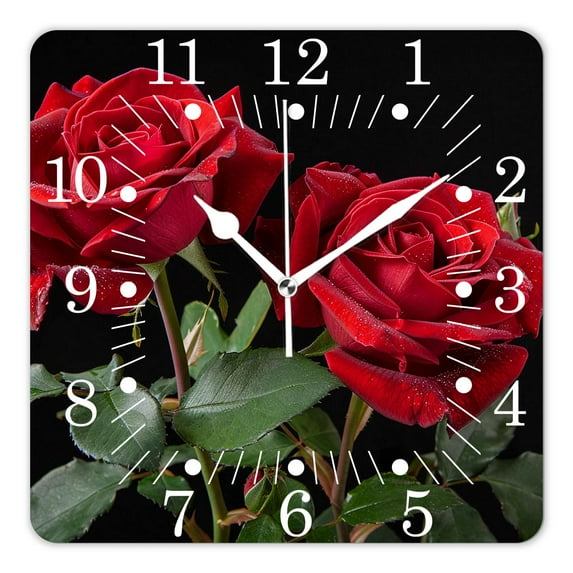10 Inch Wall Clock Battery Operated Square Clock for Office, Kitchen, Outdoor, Living Room,Floral Print Red Rose Flower Bud Exquisite