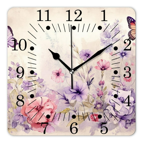 10 Inch Wall Clock Battery Operated Square Clock for Office, Kitchen, Outdoor, Living Room,Flowers Watercolor Pattern