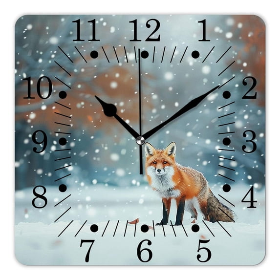 10 Inch Wall Clock Battery Operated Square Clock for Office, Kitchen, Outdoor, Living Room,Fox and Snowflakes Flower Natural