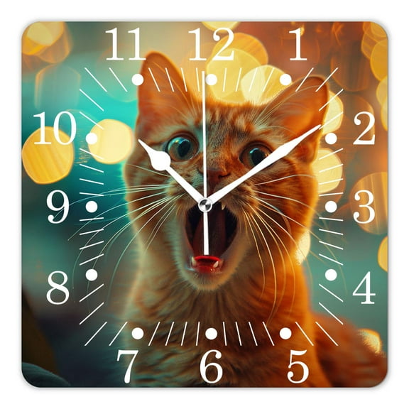 10 Inch Wall Clock Battery Operated Square Clock for Office, Kitchen, Outdoor, Living Room,Funny Crazy Wide Big Eye Cat American Shorthair Multicolor