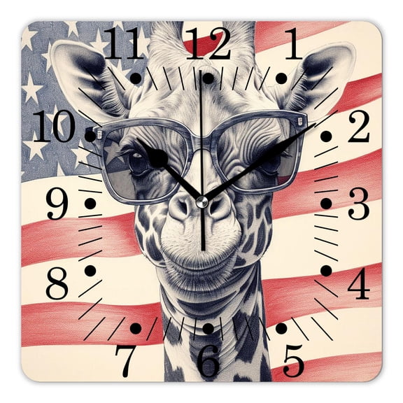 10 Inch Wall Clock Battery Operated Square Clock for Office, Kitchen, Outdoor, Living Room,Funny Giraffe In American Flag Heart Glasses Picture