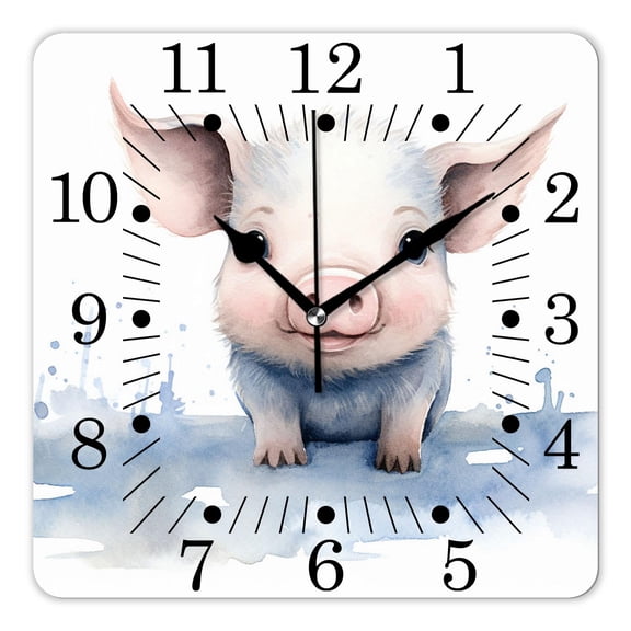 10 Inch Wall Clock Battery Operated Square Clock for Office, Kitchen, Outdoor, Living Room,Funny Pink Pig In Blue Hat Scarf on White Style