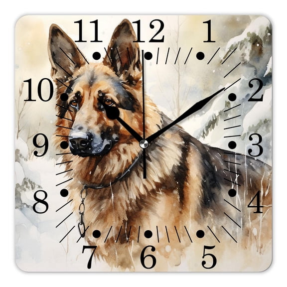 10 Inch Wall Clock Battery Operated Square Clock for Office, Kitchen, Outdoor, Living Room,German Shepherd In Watercolor Green Forest Drawing