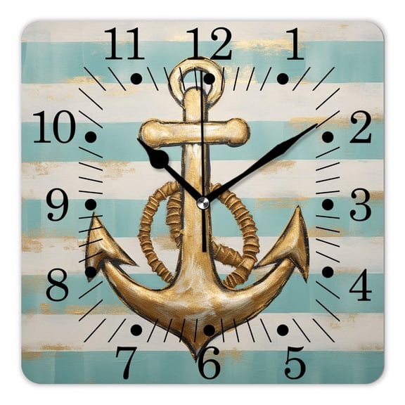 10 Inch Wall Clock Battery Operated Square Clock for Office, Kitchen, Outdoor, Living Room,Gold Anchor Dots Stripes Printed Art