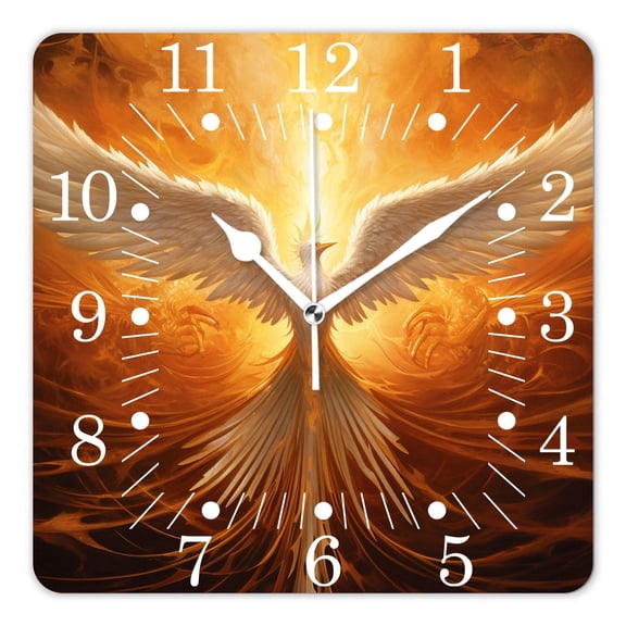 10 Inch Wall Clock Battery Operated Square Clock for Office, Kitchen, Outdoor, Living Room,Gold Chinese Phoenix Magic Firebird on Blue Drawing