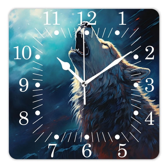 10 Inch Wall Clock Battery Operated Square Clock for Office, Kitchen, Outdoor, Living Room,Golden Moon Wolf Creative
