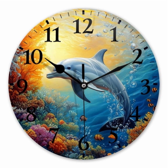 10 Inch Wall Clock Battery Operated Square Clock for Office, Kitchen, Outdoor, Living Room, Gorgeous Coral - Reef Dolphin