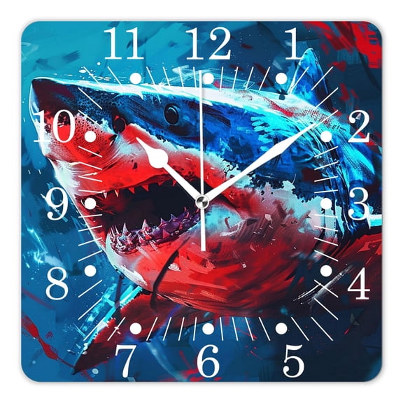 10 Inch Wall Clock Battery Operated Square Clock for Office, Kitchen, Outdoor, Living Room,Great White Shark Ocean Lovely