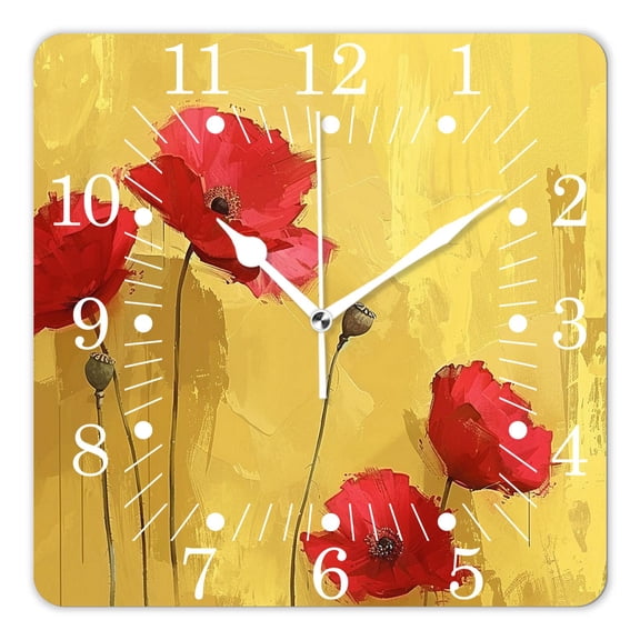 10 Inch Wall Clock Battery Operated Square Clock for Office, Kitchen, Outdoor, Living Room,Grunge Poppies Flowers Graceful
